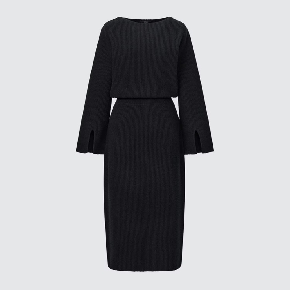 Uniqlo boat neck long sleeve knitted dress, black XS